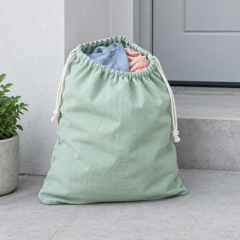 Reusable laundry sack with casual garments, ready for doorstep collection
