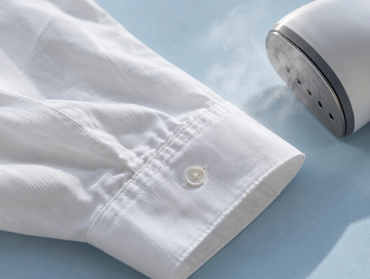 Close detail of a white shirt cuff with a garment steamer